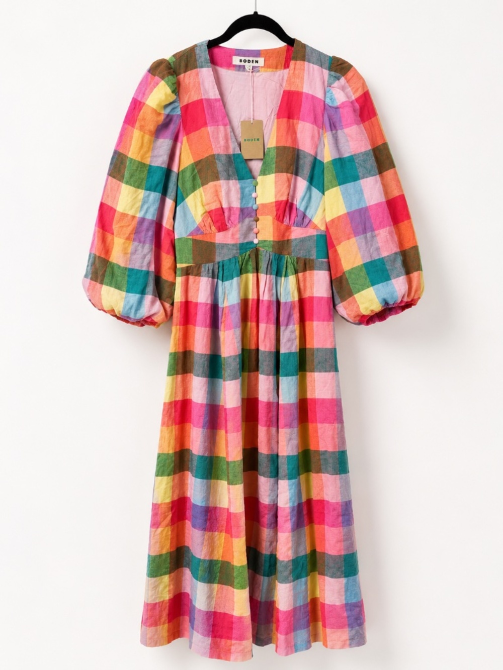 NWT Boden Lola Blouson Maxi Dress US 6R Rainbow Multigingham Linen Cotton - Picture 3 of 6